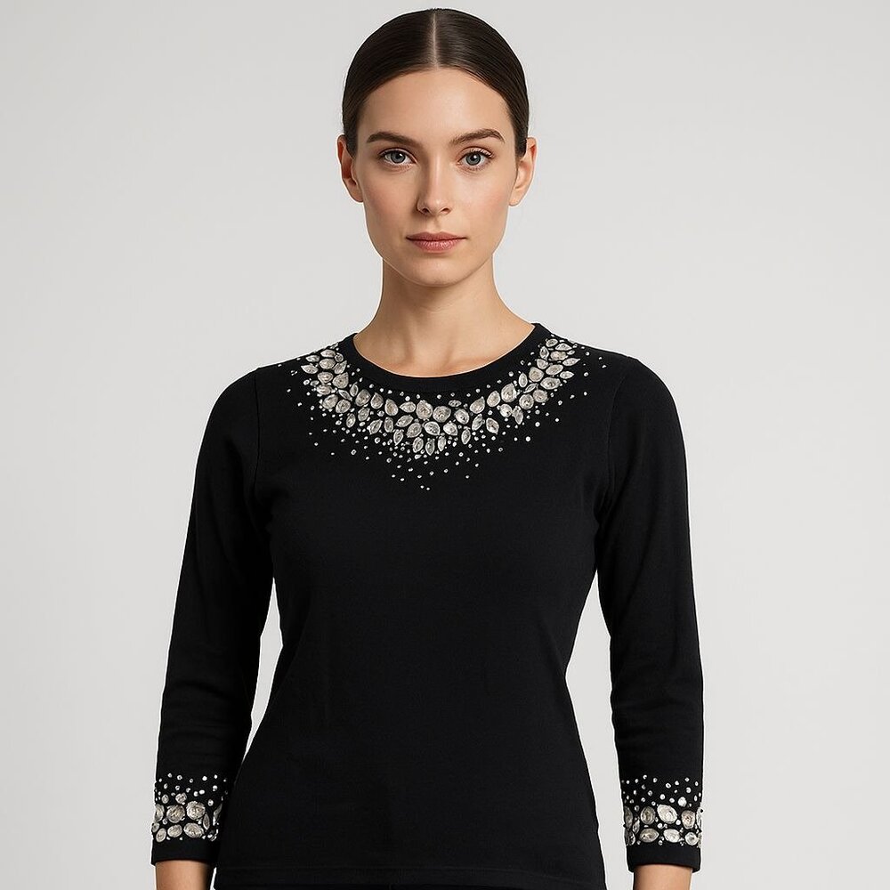 1990s Cedars Black Jeweled Gem Embellished Sweater NWT Glam Fitted Retro‎ Knit
